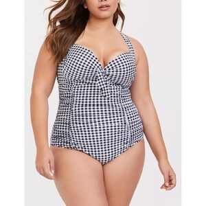 Torrid Navy Gingham Tie Front Wireless Ruched One-Piece Swimsuit Plus Size 4 4X